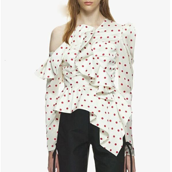 

women clothing women blouse dot irregular shirt female backless ruffles patchwork puff sleeve pullover blouse spring top, White