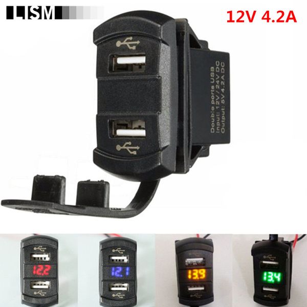 

12v 4.2a 2usb dual ports led power charger adapter socket splitter volt voltage meter switch panel cigarette lighter moto boat