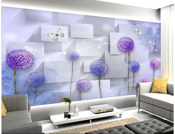 Roxo dente-de-leão linda flor romântica 3d fundo parede moderna sala de estar papéis de parede