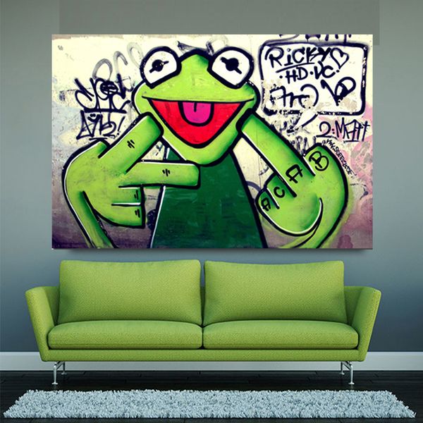 

street graffiti art frog kermit finger painting canvas painting animal oil painting wall pictures for living room 191005