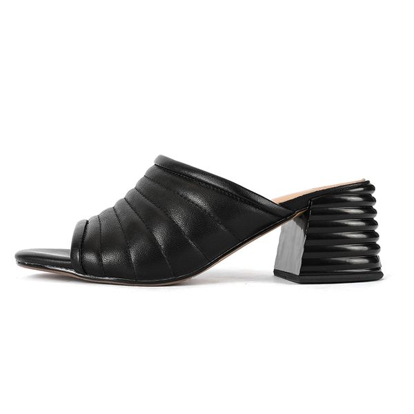 

2020 genuine leather soft slippers women shoes block heels for ladies, Black