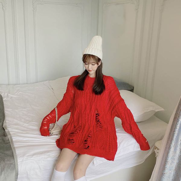 

hollow out hole casual style oversize loose fashion brand pullovers korean autumn women sweater o-neck knitted ladies new, White;black