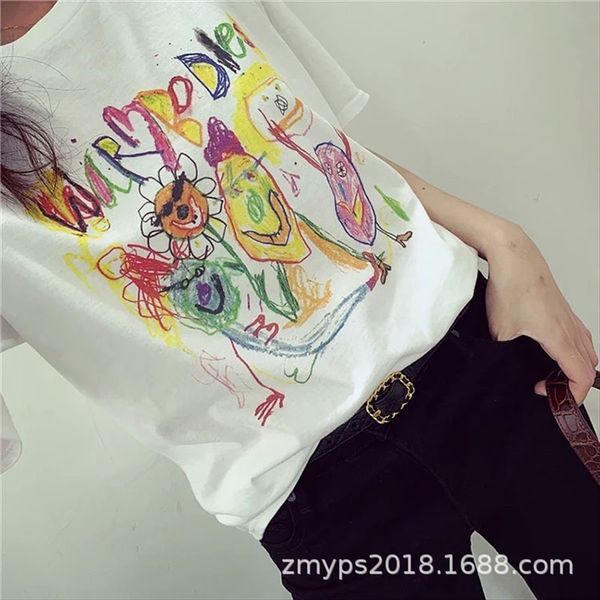 

200406 personalized clothing digital fashionable clothes digital direct spray interesting graffiti printing couple style round collar short, White