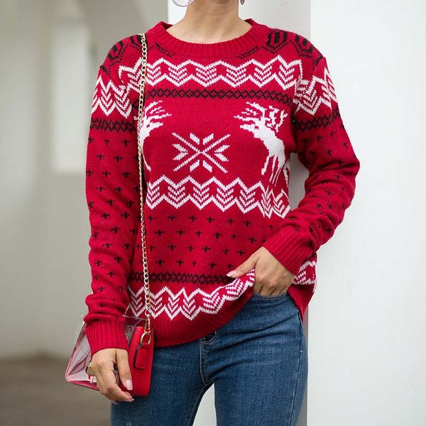 

christmas woman reindeer snowflake pattern knitted sweater pullovers autumn winter xmas sweaters for feminine, White;black