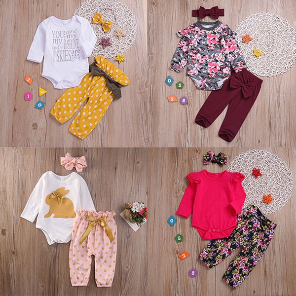 

baby girl одежда наборы детская одежда девушки круглый воротник с длинными рукавами solid color брюки оголовье три пьесы комплекты 060718, White