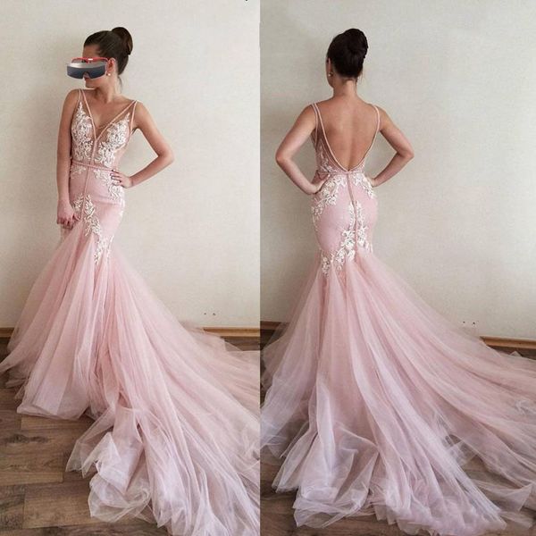

blush pink hi-lo lace appliques prom dresses sheer spaghetti strap mermaid vestido de novia pageant party gowns deep v-back boho dress, Black