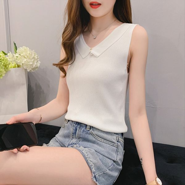 

ice silk knitted sleeveless 2020polo collar loose base ice silk knitted sleeveless t-shirt 2020polo collar loose base vest t-shirt vest, White