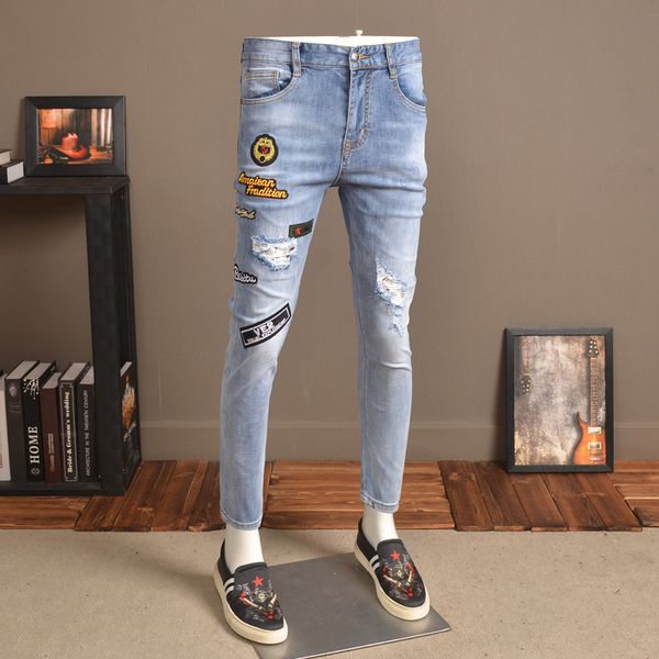 

мода тонких пят джинсов мужской slim fit знак письмо вышивка разорванные отверстия синего denim брюки, Blue