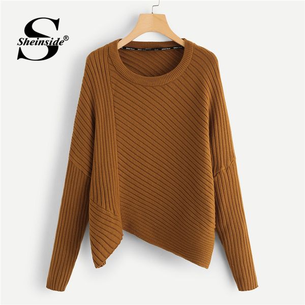 

sheinside brown rib knit asymmetrical hem sweater women long sleeve pullover ladies jumper clothes 2018 autumn womens sweaters, White;black