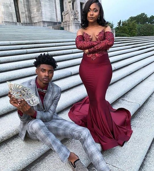 

afreican mermaid evening dresses with long sleeves sheer v neck appliques mermaid prom dress weep train satin black girls party gowns, Black;red