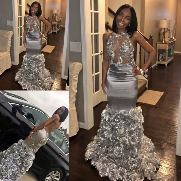 

design silver mermaid prom dresses rose flowers halter see through backless floor length formal evening party gowns, Black
