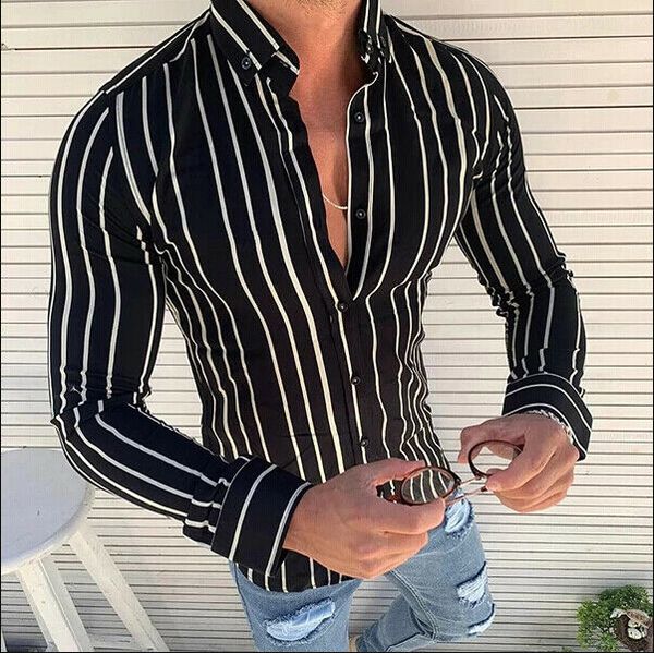 

new fashion mens autumn long sleeve casual striped button shirt v-neck slim blouse black, White;black