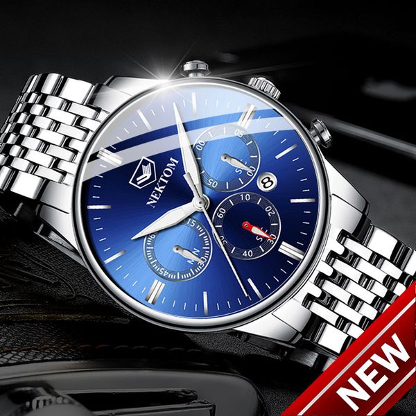 

nektom steel shell steel strip multifunctional waterproof shi ying men's business watch authentic six-needle non-mechanical night watch, Slivery;brown