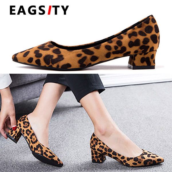 

leopard women shoes block heels pointed toe ladies dress shoes high heel office career party wedding work pumps, Black