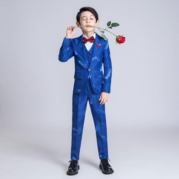 

6pcs boys suits for wedding party blazer jacket blazer vest pants british style feather pattern costume mariage kids suits, Black