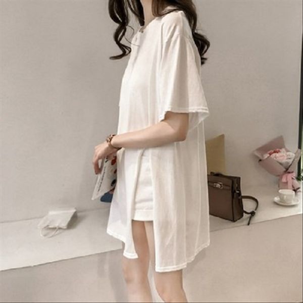 

fat mm summer large size t-shirt women's t-shirt women's short sleeve inst split mid-length width, White