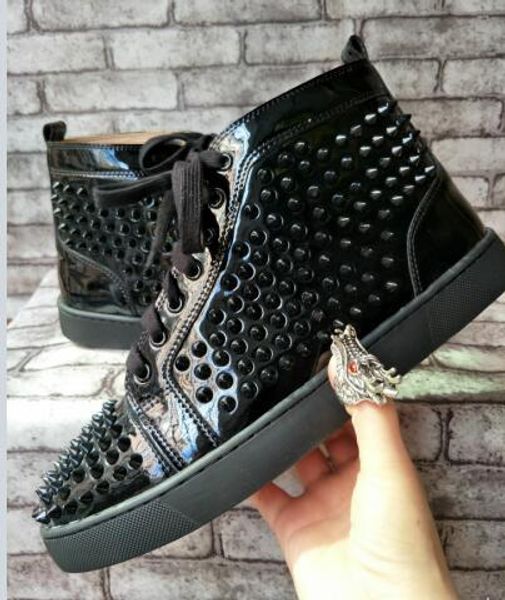 

elegant designer camouflage grey genuine leather with spikes red bottom sneaker shoes for women,men luxury casual walking red sole flats, Black