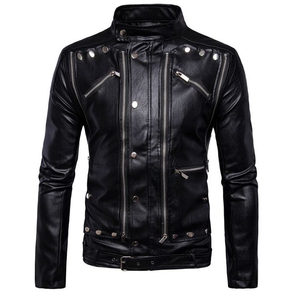 

men's motorcycle multiple zipper men's leather coat leather jacket, Black