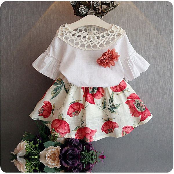 

girl clothing set summer children flowers t-shirt+short skirt suit baby toddler cotton clothing 3 4 5 6 7 year kids set, White