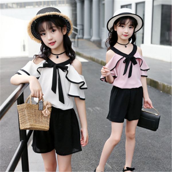 

2019 toddler girls clothes solid off shoulder white shirt + black shorts suit summer sets for kids girls solid color suits