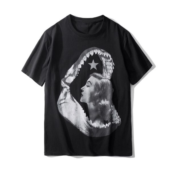 

famous mens t shirts summer hip hop shark print couples short sleeves cotton men women t shirt, White;black