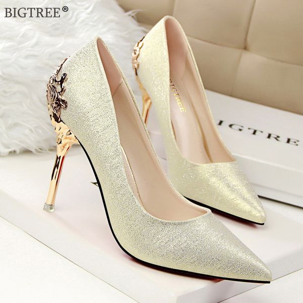

bigtree 2019 shoes women high heels metal carved heels silver golden female fashion wedding party pumps sapato feminino, Black