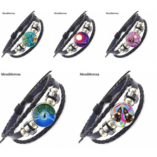 

for valentine's day gift siamese cat fashion glass cabochon black leather bracelet bangle handmade maxi lovers gifts, Golden;silver