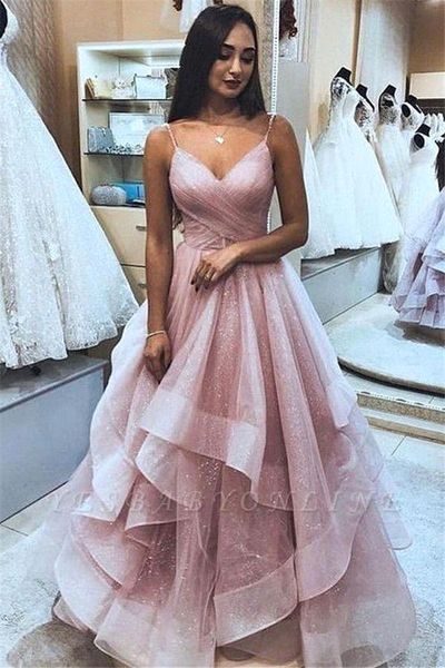 

glitz pink sequins tulle ruffles long prom dresses 2020 spahgetti strap a line evening gowns formal party pageant dress bc2564, Black