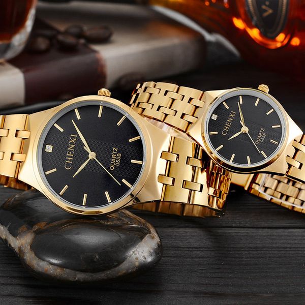 

2018 chenxi new arrival hardlex stainless steel quartz lovers' analog watches relogios femininos luxury couples gold watch, Slivery;brown