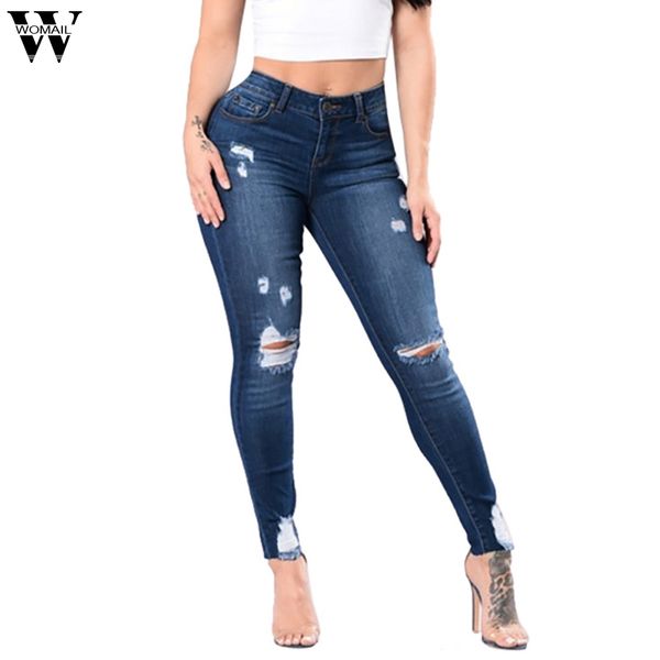 

womailvaqueros mujer casual long jeans women miod waist skinny pencil denim pants ripped hole cropped slim fit skinny jeans, Blue
