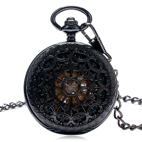 

Black Full Steel Hand заводом Механические карманные часы Steampunk Паутина Дело Skeleton Подвеска