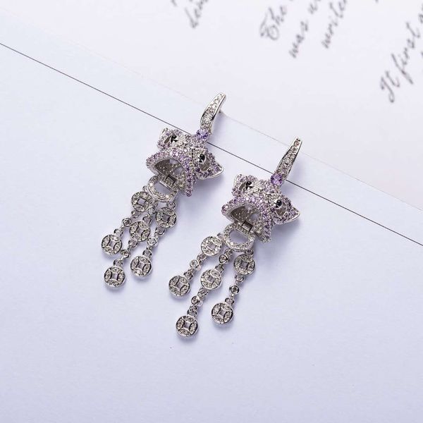 

fashion-and american explosion model s925 silver needle plated real gold micro set zircon lion coin tassel earring