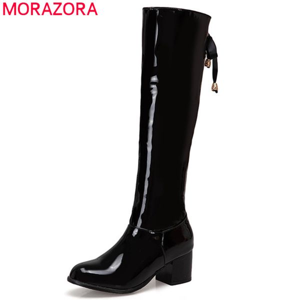 

morazora 2020 big size 48 women knee high boots zip lace up autumn winter boots round toe square heels casual shoes woman, Black