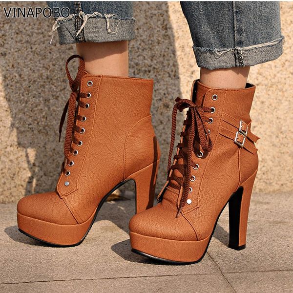

vinapobo plus size 43 ankle boots women platform high heels female lace up shoes woman buckle short boot casual ladies footwear, Black