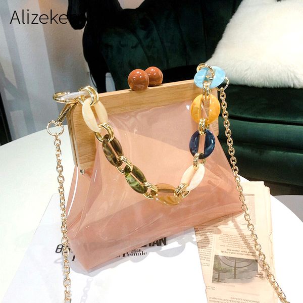 

wood clip pvc clear jelly handbag woman 2020 new korean acrylic chain transparent jelly shoulder bag clutch female