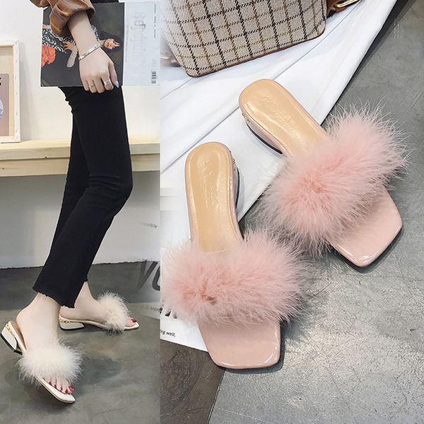 

2019 women's slippers ladies summer beach casual shoes flat heel faux fur brushy slipper slip-on floor shoes home outdoor slides, Black