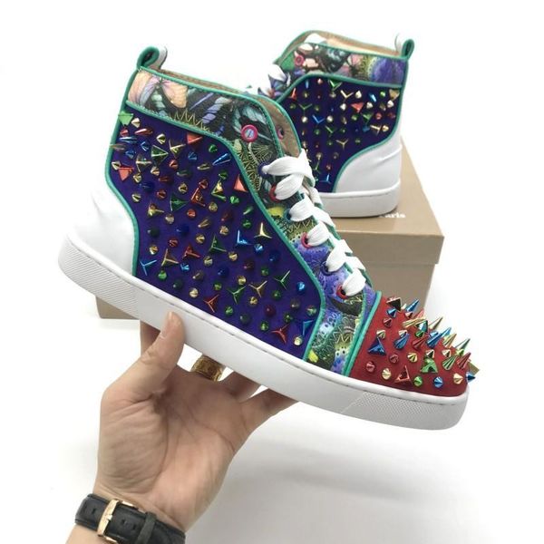 

2019 luxury big size eur47 spike red bottom fashion designer shoes high cut spike sedue calf sneaker luxury party wedding shoes casual shoes, Black