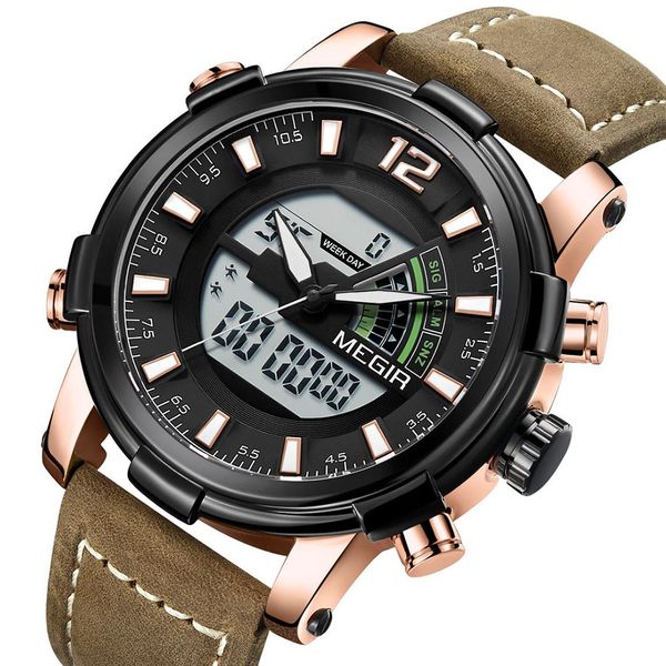 

megir men's sports watch quartz watches calendar luminous waterproof leather strap 2089g, Slivery;brown