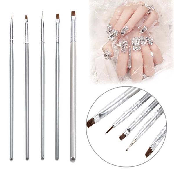 

5pcs/ set of nail pen brush silver rod plastic handle polishing paint pen portable 3d repair nail art uv gel polish brush, Yellow