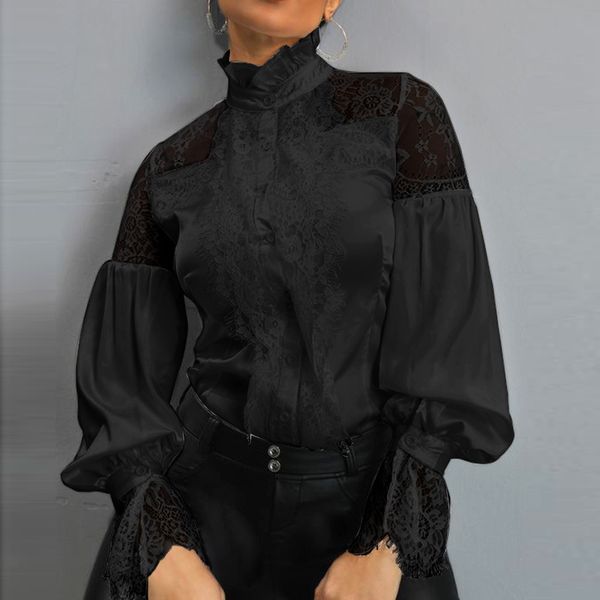 

women's blouses & shirts blusas zanzea spring patchwork ruffled shirt vintage lace tunic women turtleneck long puff sleeve party bl, White