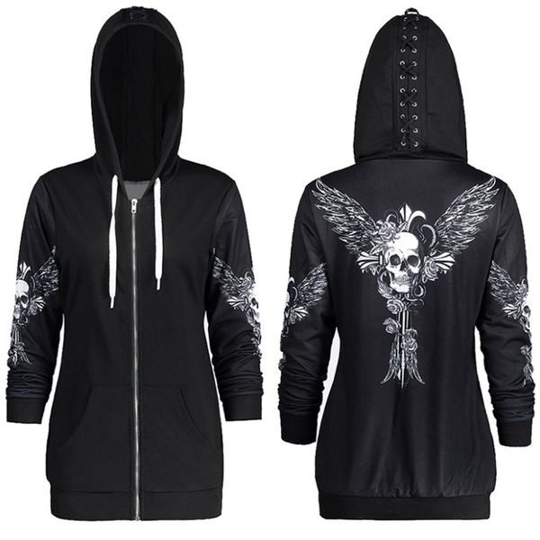 

women designer clothes women designer hoodies 1color size autumn kpop black hoodies sweatshirts punk skull wings print jacket zipper coat