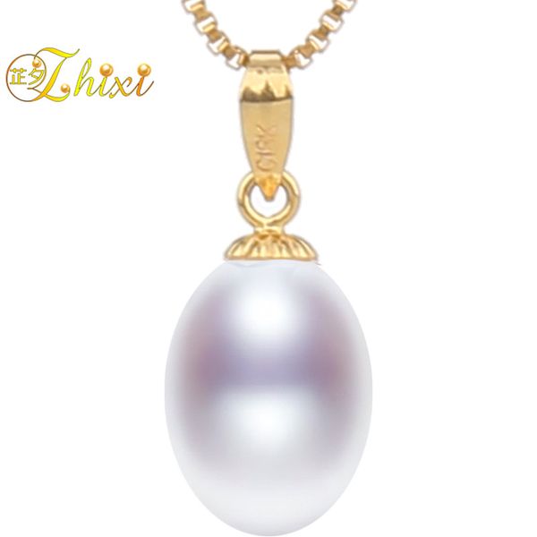 

zhixi] 18k yellow gold pearl jewelry freshwater pearl pendant necklace pure au750 maxi natural stone pendant for women giftd221, Silver