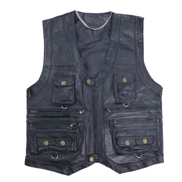 

new men's waistcoat genuine leather reporters suit many pocket quinquagenarian men genuine leather vest sleeveless jacket, Black;white