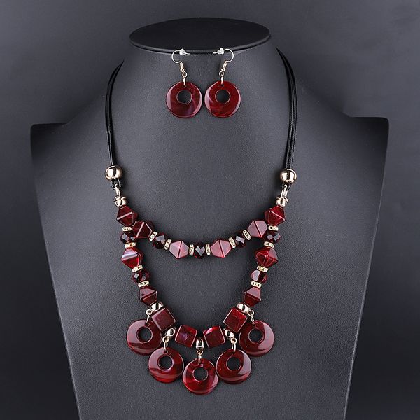 

fashion acrylic resin jewelry sets for women geometric leather rope square pendants necklaces statement round drop earrings, Silver