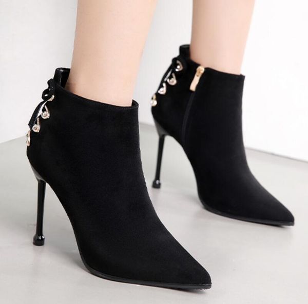

2019 winter new women's shoes high-heeled pointed suede lace-up short boots women's boots bare botas mujer xlv989-2, Black