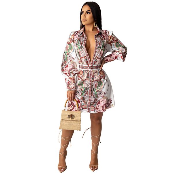 

Autumn Womens Desigenr Shirt Dress Sexy Digital Printed Dresses Fashion Long Sleeves Dresses