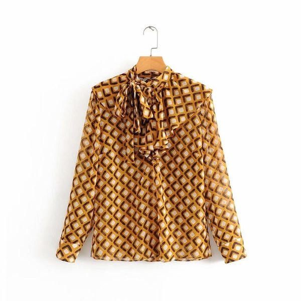 

women elegant cascading ruffles geometric print casual blouses bow tied shirt business chiffon, White