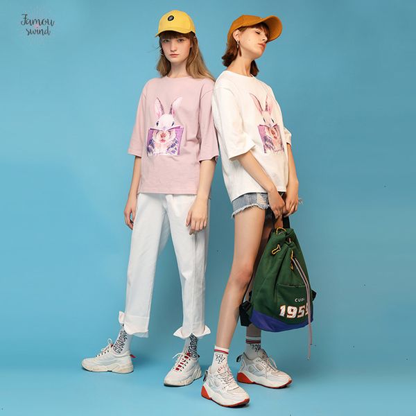 

кролик футболка printed женщины прекрасный шаблон лето женщины девушки повседневный шею основные сыпучие с коротким рукавом рубашки женские, White