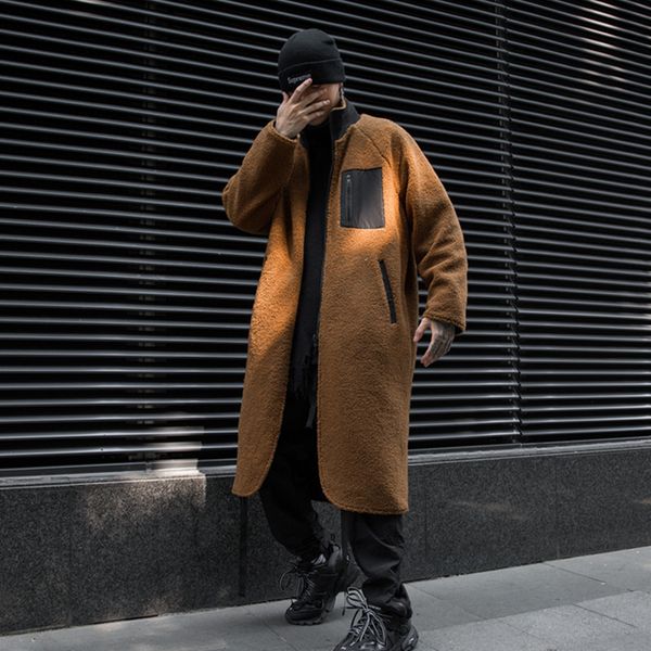 

men winter wool reversible trench coat warm fleece long jacket man vintage hip hop punk overcoat abrigo hombre, Tan;black
