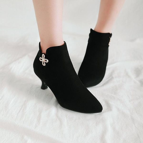 

women's boots kitten heel pointed toe buckle leatherette booties, Black